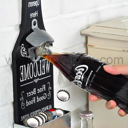 Magnetic Wood Bottle Opener Wall Mount with Cap Catcher 