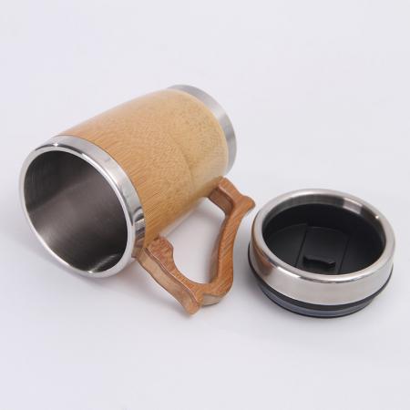 304 stainless steel liner with wooden shell with lid and handle mug 