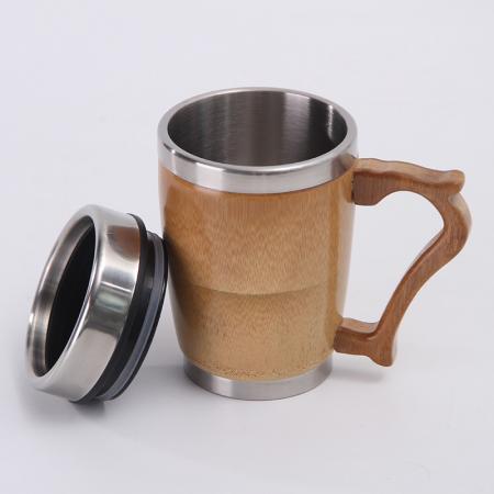 304 stainless steel liner with wooden shell with lid and handle mug 