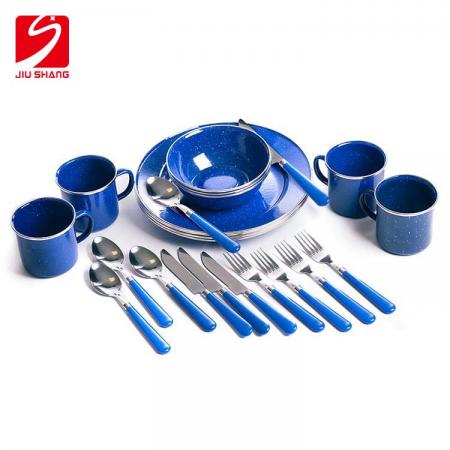 STANSPORT - Deluxe 24-Piece Enamel Tableware Set: Plates, Bowls, Mugs & Utensils by Stansport 