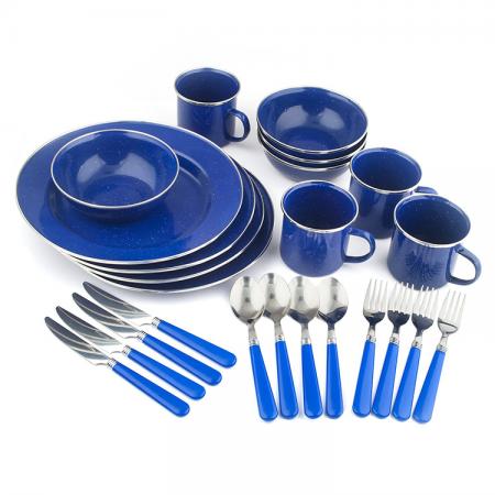 STANSPORT - Deluxe 24-Piece Enamel Tableware Set: Plates, Bowls, Mugs & Utensils by Stansport 